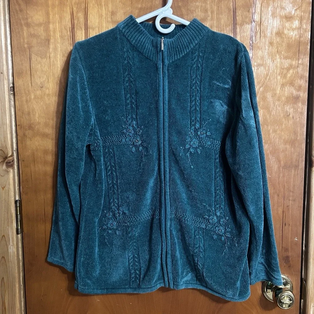 Jenny Vintage Sweater Womens L Green Floral Embroidered Cardigan Cottagecore